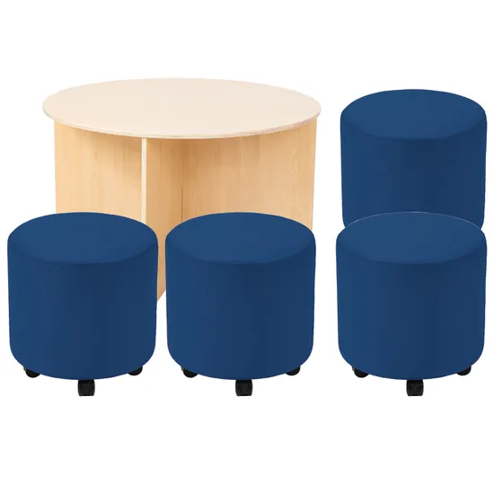 Ergerite Round Table with Blue Round Ottomans - Modern Teaching Aids NZ