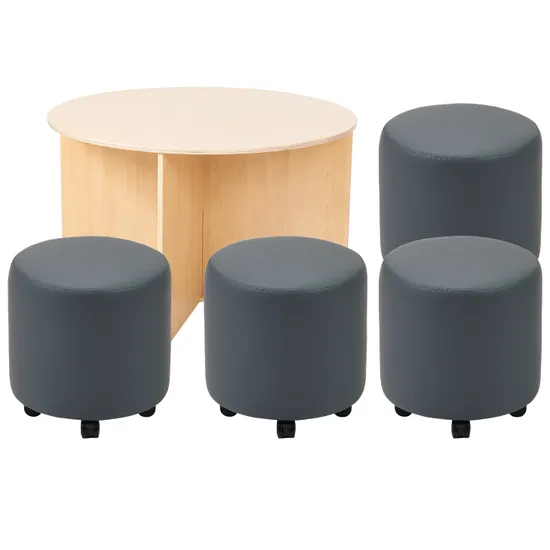 Ergerite Round Table with Grey Round Ottomans - Modern Teaching Aids NZ