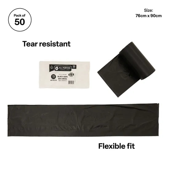 All Purpose Black Bin Liner 72L - Roll of 50 - Modern Teaching Aids NZ