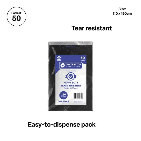 Contractor Bin Liners HD Black - 120 L, Pack of 50 - Modern Teaching Aids NZ