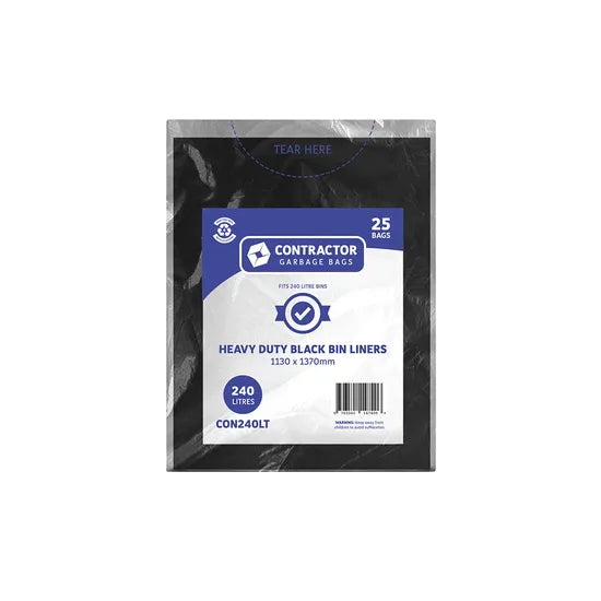 Contractor Bin Liners HD Black - 240 L, Pack of 25 - Modern Teaching Aids NZ