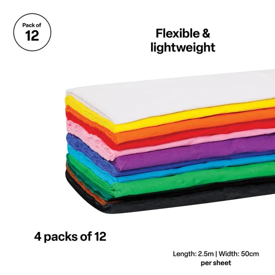 Assorted Crepe Paper (50cm x 2.5m) - Pack of 12 - Modern Teaching Aids NZ