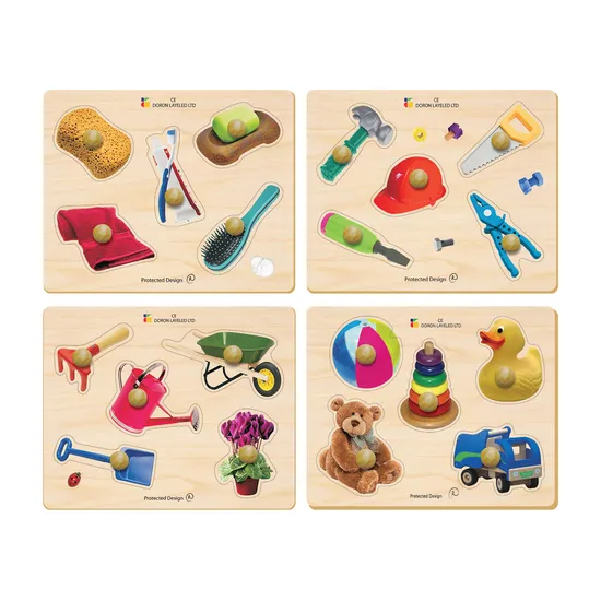Everyday Objects Wooden Knob Puzzles Set of 4