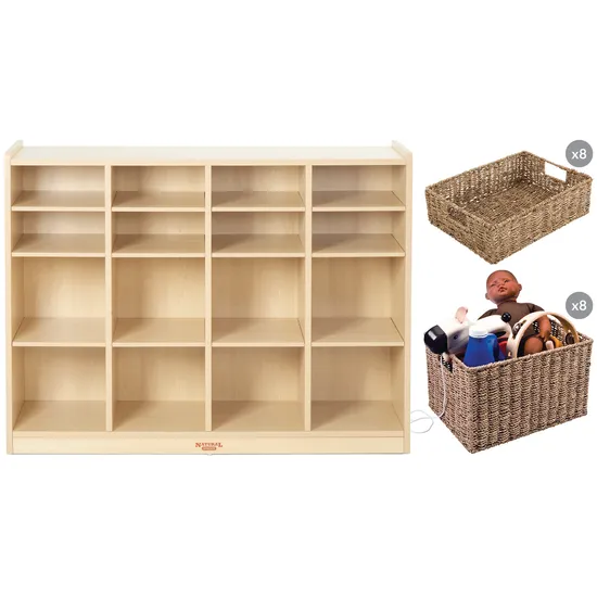 Natural Spaces 16-Compartment Storage Unit with Woven Baskets - Modern Teaching Aids NZ
