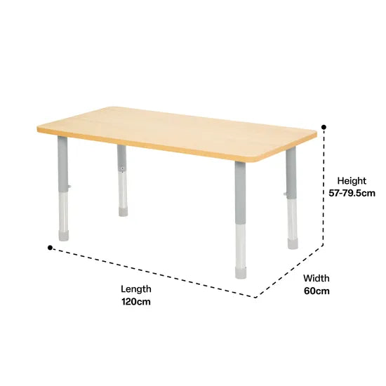 Natural Spaces Adjustable Height Rectangular Table - Natural - 120 (L) x 60 (W) x 57-79.5 (H) cm - Modern Teaching Aids NZ