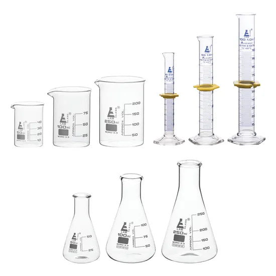 Mixed Glassware Storage Set of 9 - Beakers, Conical Flasks, Measuring Cylinders - Modern Teaching Aids NZ