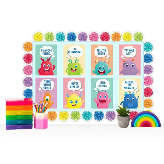 Giggle & Grow Rainbow Scalloped Pom Poms Border - Pack of 12 - Modern Teaching Aids NZ