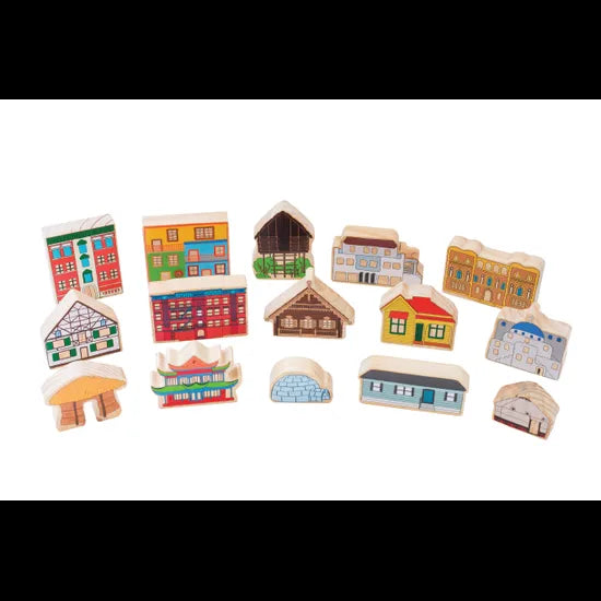 Freckled Frog Wooden Blocks - Shelters of the World, Set of 15 - Modern Teaching Aids NZ