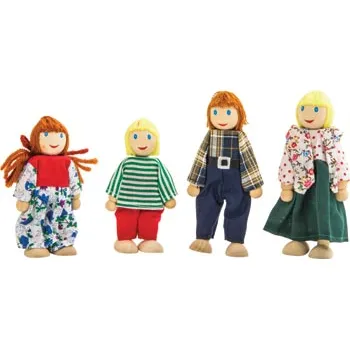Caucasian Bendable Wooden Doll Family - 4 Piecess