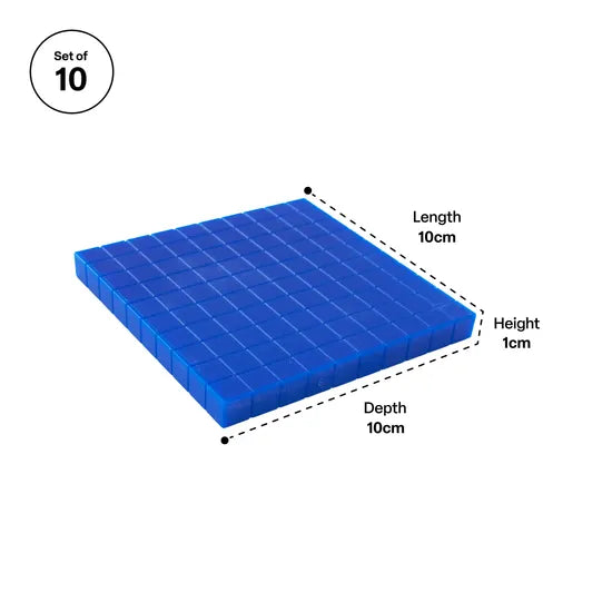 Teachables Base Ten MAB Flats - Plastic, Blue, Set of 10 - Modern Teaching Aids NZ