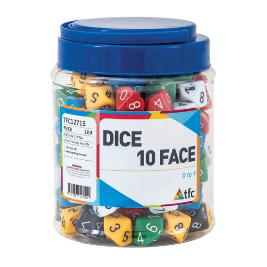Teachables Dice - 10-Face Solid 0-9, Jar of 100 - Modern Teaching Aids NZ
