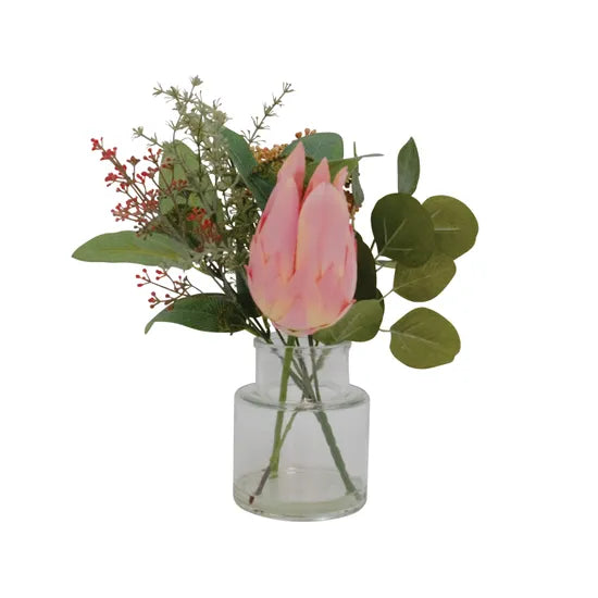 Artificial Pink Protea Bouquet in Glass Vase 35cm - Modern Teaching Aids NZ