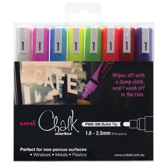 Uni Chalk Marker Bullet Fluoro - Pack of 8 - Modern Teaching Aids NZ