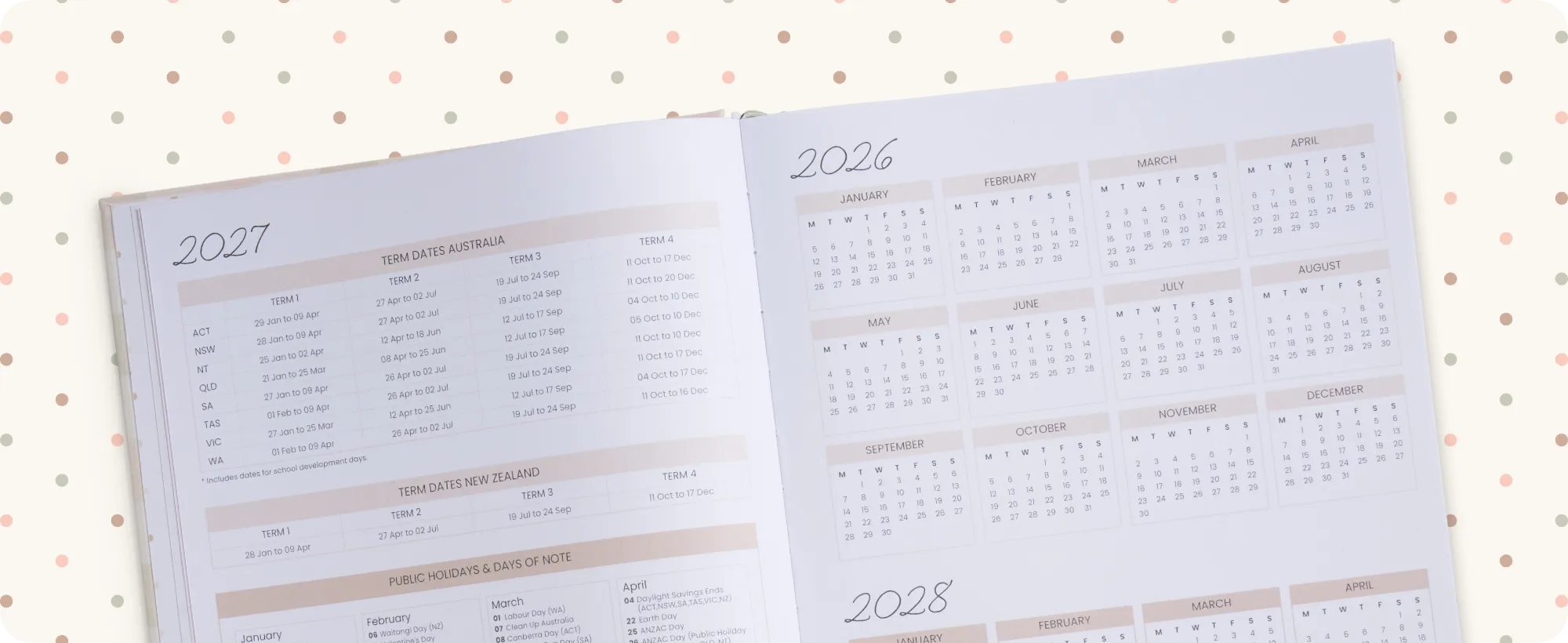 School terms and public holiday calendar. 