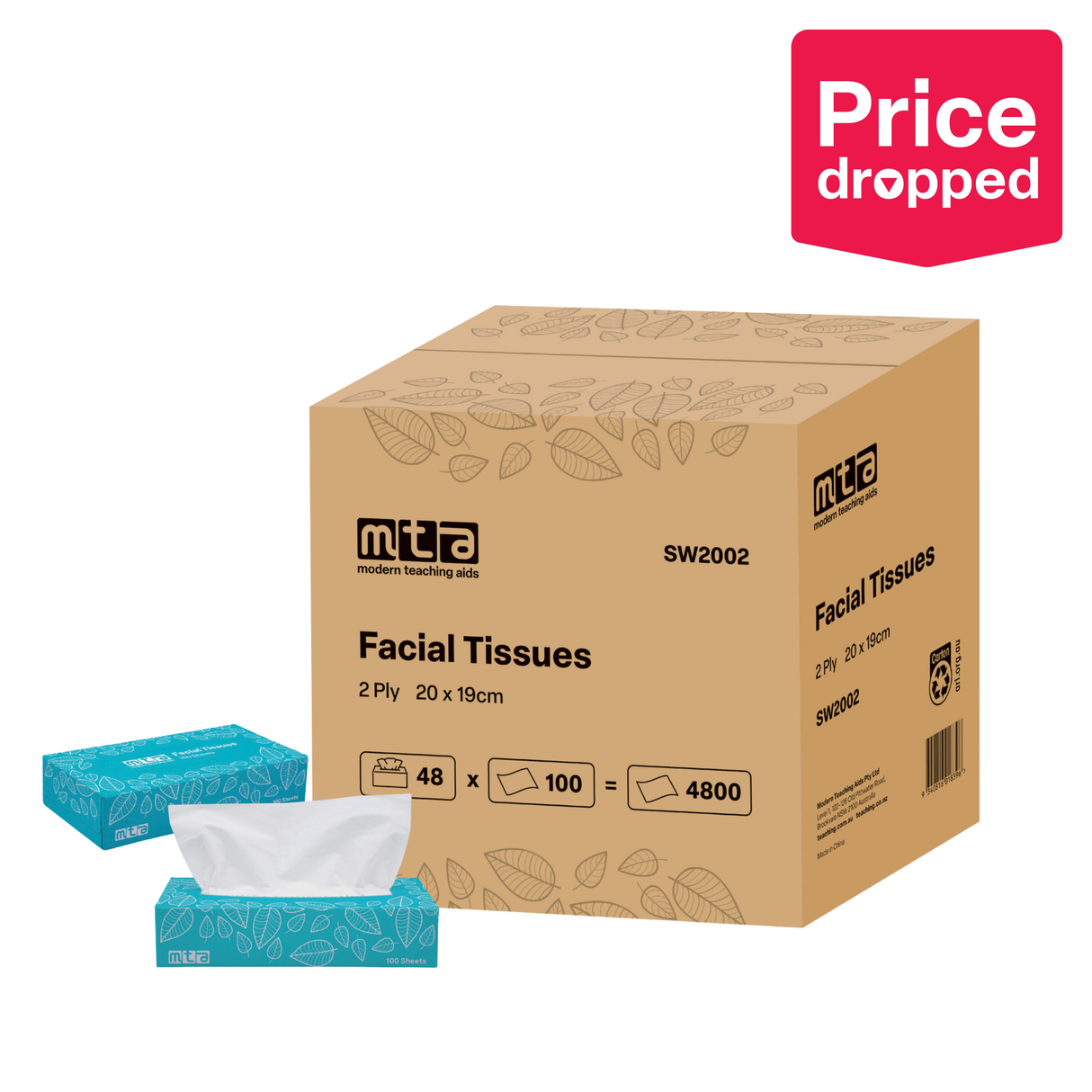 MTA Facial Tissues - 2Ply, 100 Sheets per Pack, Pack of 48 - Modern Teaching Aids NZ