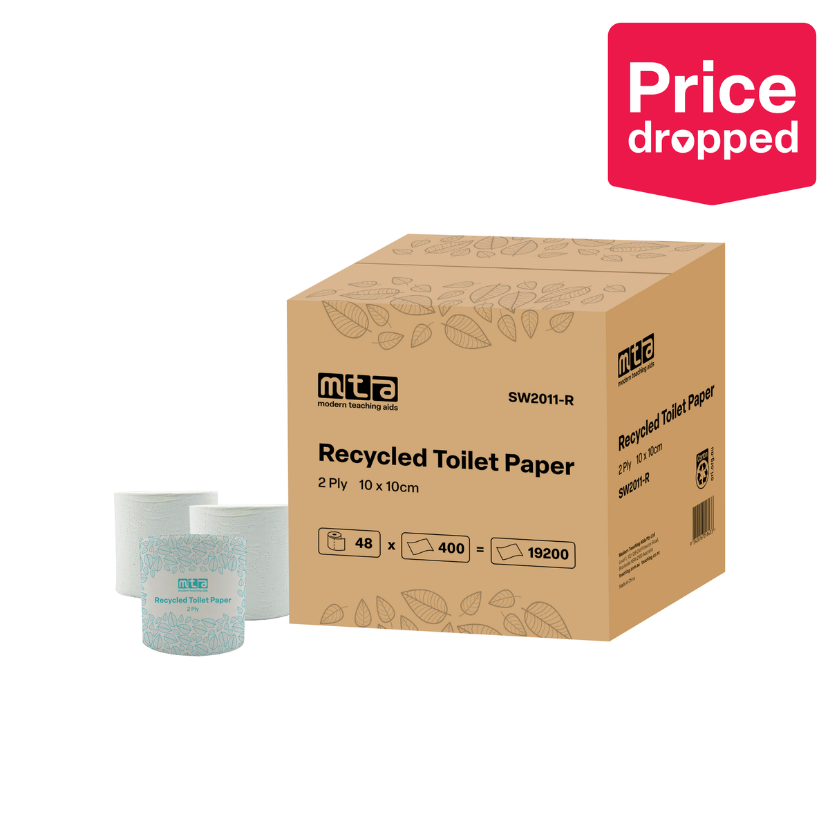 MTA Recycled Toilet Paper - 2Ply, 400 Sheets per Roll, Pack of 48 - Modern Teaching Aids NZ
