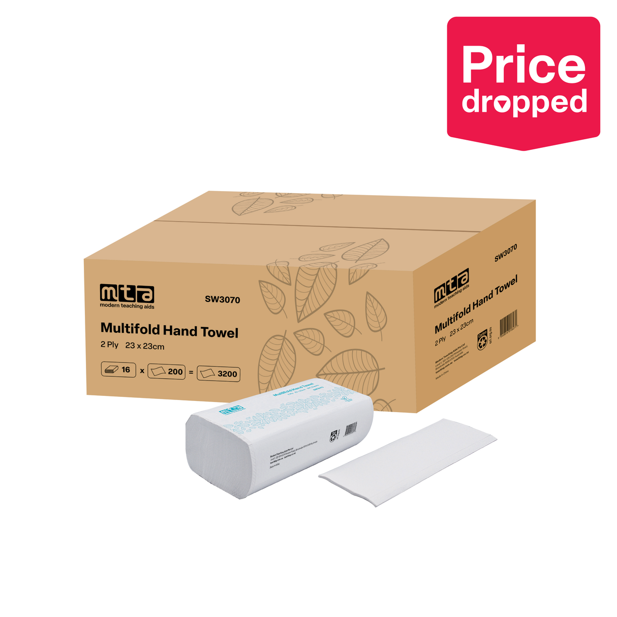 MTA Paper Hand Towels - 23x 23 cm, 2-Ply, 200 Sheets per Pack, Pack of 16