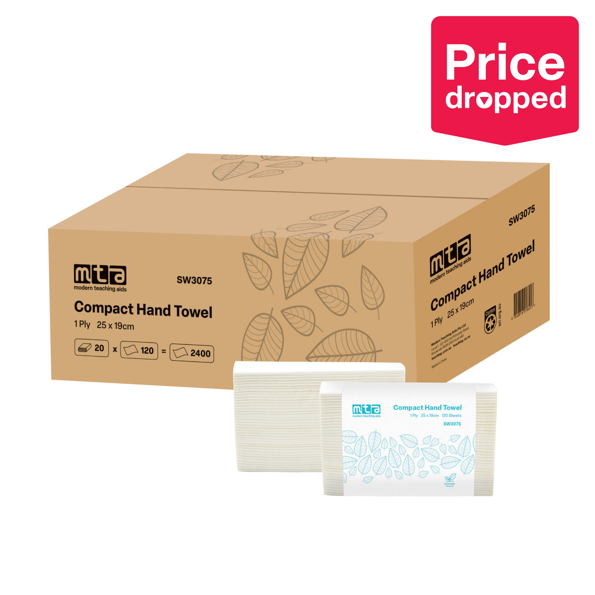 MTA Paper Hand Towels - 25x19 cm, 1Ply, 120 Sheets per Pack, Pack of 20