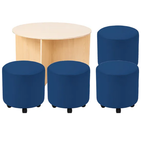 Ergerite Round Table with Blue Round Ottomans - Modern Teaching Aids NZ
