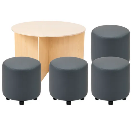 Ergerite Round Table with Grey Round Ottomans - Modern Teaching Aids NZ