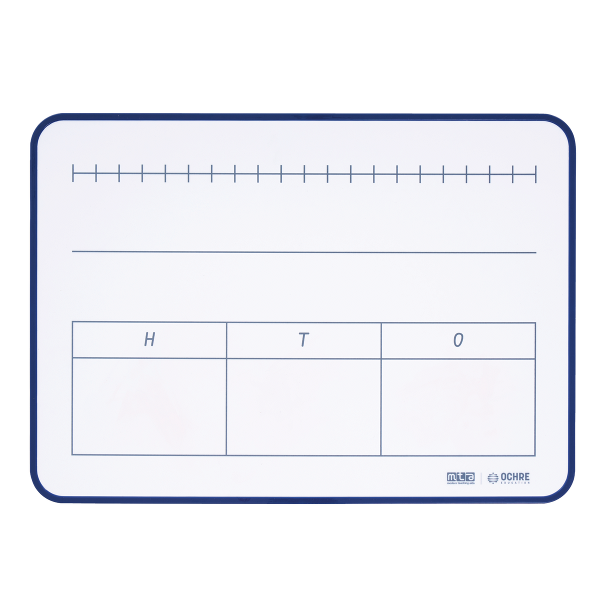 A white rectangular scoring board with rounded corners, featuring blue printed lines, labels, and a vertical measurement scale on the right side.