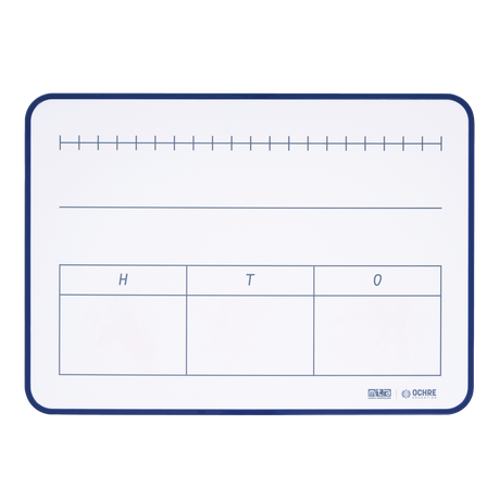 A white rectangular scoring board with rounded corners, featuring blue printed lines, labels, and a vertical measurement scale on the right side.