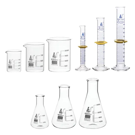 Mixed Glassware Storage Set of 9 - Beakers, Conical Flasks, Measuring Cylinders - Modern Teaching Aids NZ