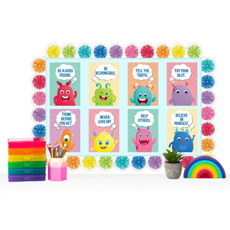 Giggle & Grow Rainbow Scalloped Pom Poms Border - Pack of 12 - Modern Teaching Aids NZ
