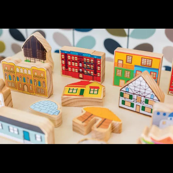 Freckled Frog Wooden Blocks - Shelters of the World, Set of 15 - Modern Teaching Aids NZ