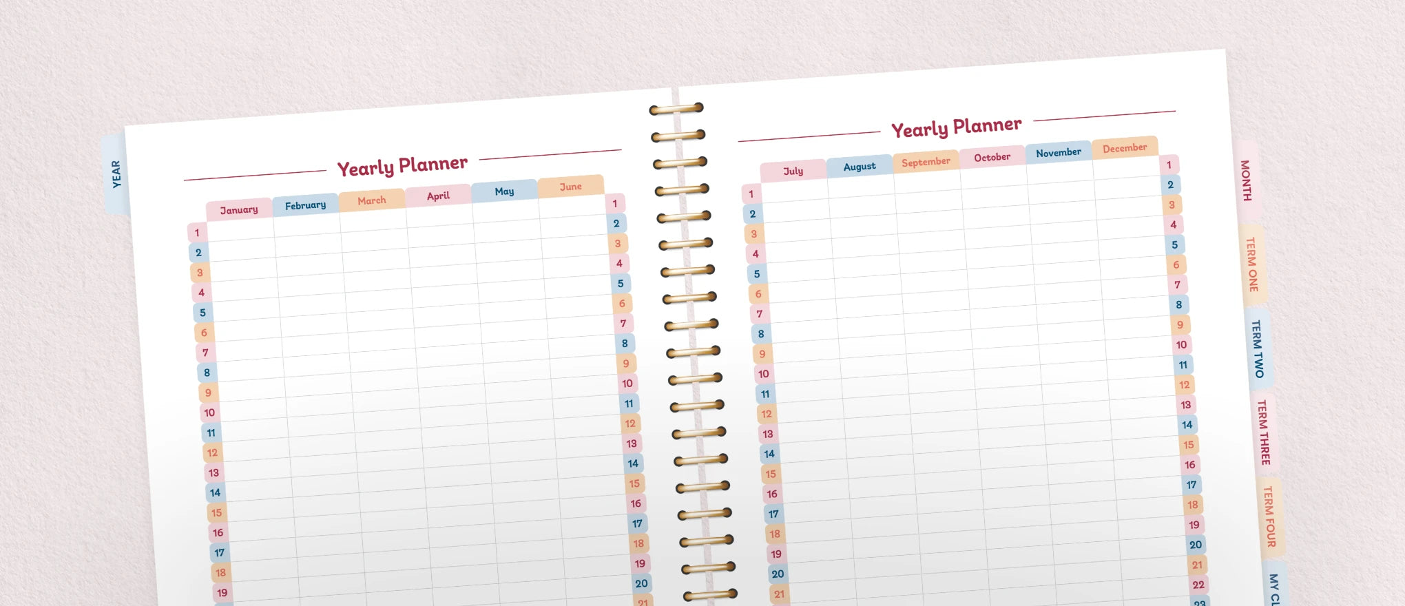 11-week term sections: term at a glance, month at a glance, weekly spreads, notes spread after each week.