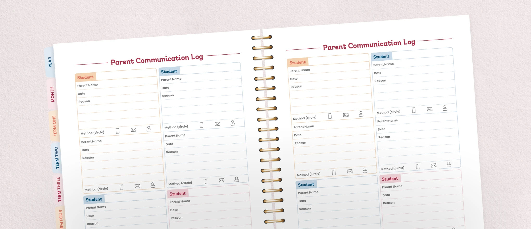 Dedicated pages for allergies plan, events & volunteers, professional development, stage budget, student contacts, parent communication log and pupil checklist.