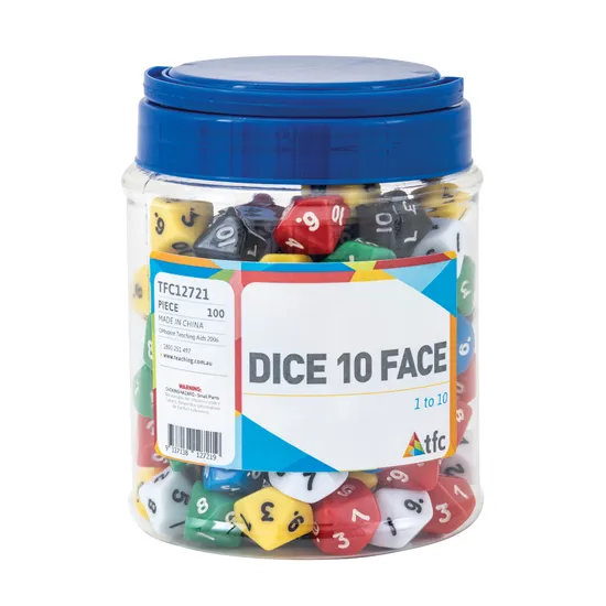 Teachables Dice - 10-Face 1-10, Jar of 100 - Modern Teaching Aids NZ
