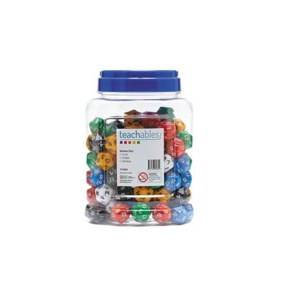 Teachables Dice - 20-Face, Numbers 1-20, Jar of 100 - Modern Teaching Aids NZ