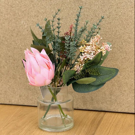 Artificial Pink Protea Bouquet in Glass Vase 35cm - Modern Teaching Aids NZ