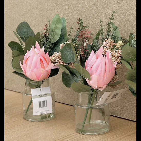 Artificial Pink Protea Bouquet in Glass Vase 35cm - Modern Teaching Aids NZ